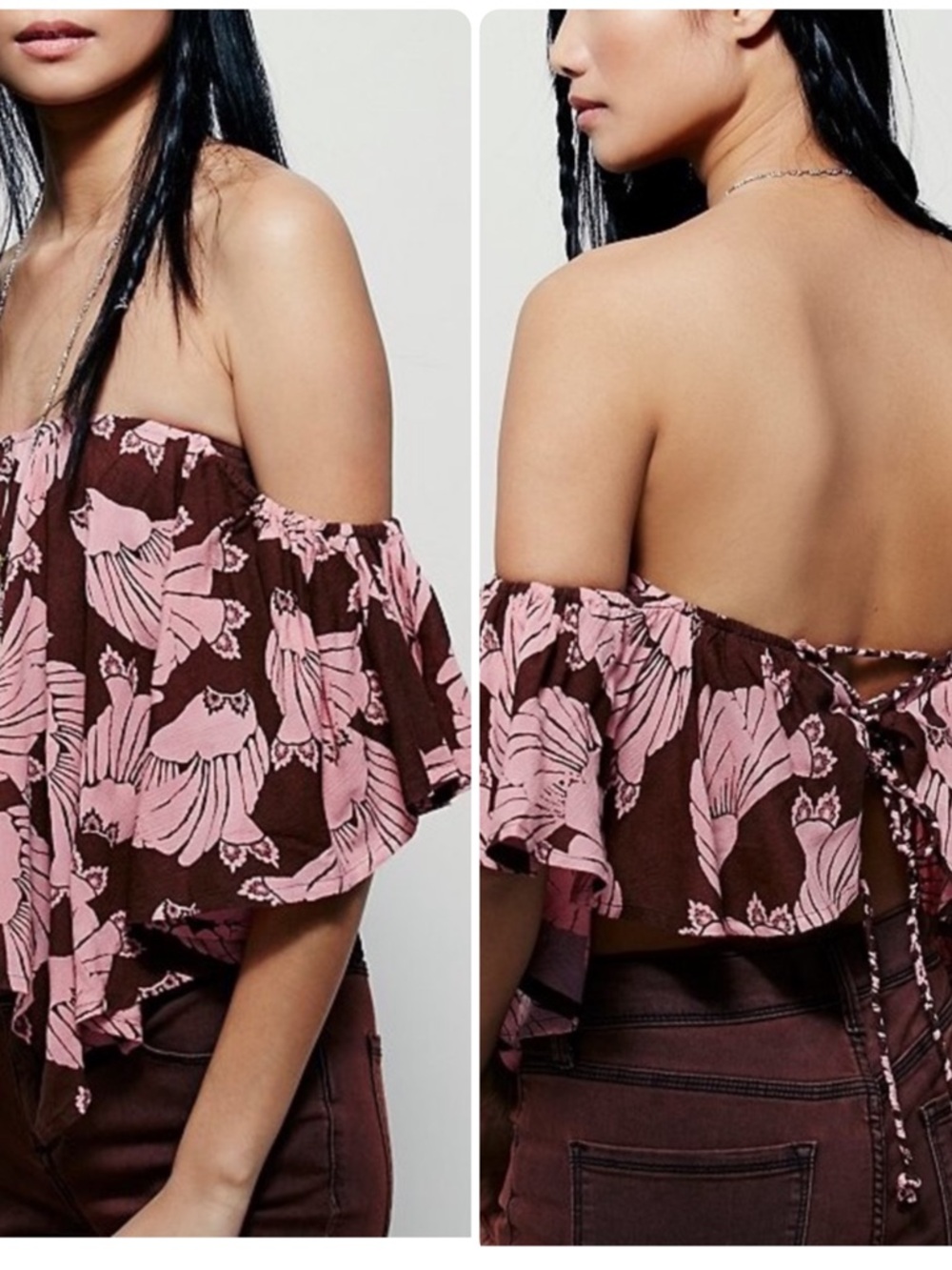 Free People Maepeti Off The Shoulder Cropped Ruffle Top XS NWOT Pink Maroon